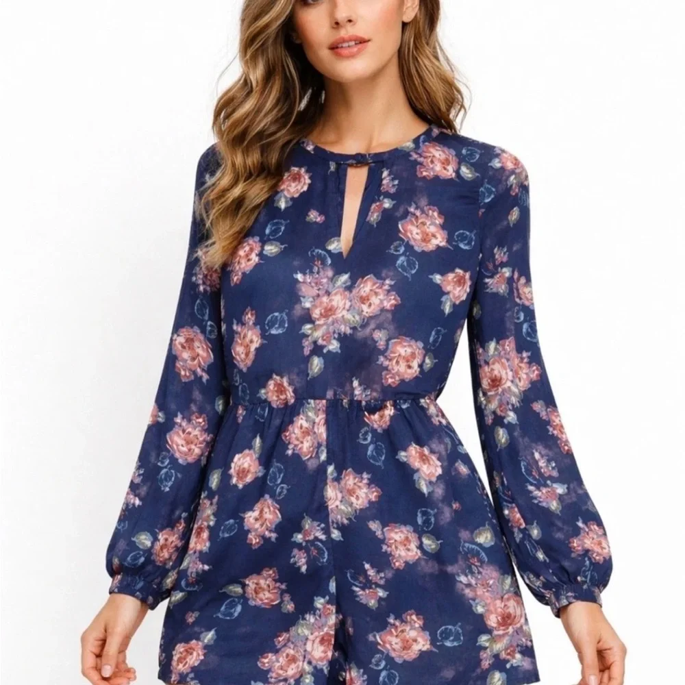 Abercrombie & Fitch Women’s Floral Long‑Sleeve Romper – Size 2 – Navy